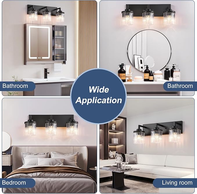3-Light Black Bathroom Vanity Light, Crystal Glass Shades | Modern Wall Lighting Fixtures Over Mirror, for Bathroom, Matte Black Finish, Rust-resistant Metal, Farmhouse Industrial Style