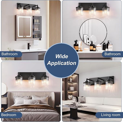 3-Light Black Bathroom Vanity Light, Crystal Glass Shades | Modern Wall Lighting Fixtures Over Mirror, for Bathroom, Matte Black Finish, Rust-resistant Metal, Farmhouse Industrial Style