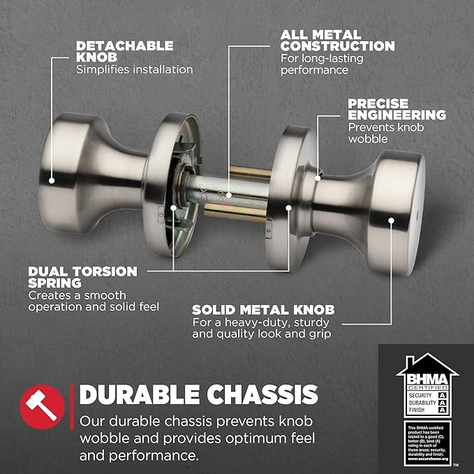 Kwikset Pismo Interior Privacy Door Knob with Lock, Door Handle for Bathroom and Bedroom, Satin Nickel Keyless Turn Lock Doorknob, with Microban Protection (Pack of 10)