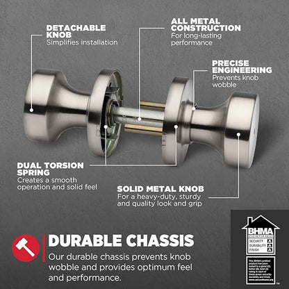 Kwikset Pismo Interior Privacy Door Knob with Lock, Door Handle for Bathroom and Bedroom, Satin Nickel Keyless Turn Lock Doorknob, with Microban Protection (Pack of 10)