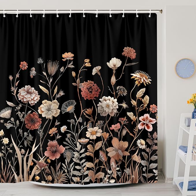 Vintage Boho Black Floral Shower Curtain, Beige Brown Cream Tan Rustic Farmhouse Flower Shower Curtain Set, Cute Botanical Wlidflowers Fabric Shower Curtains Decoration, 72X72 Bathroom Accessories