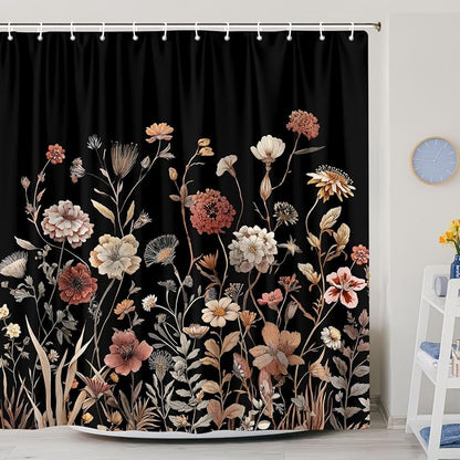 Vintage Boho Black Floral Shower Curtain, Beige Brown Cream Tan Rustic Farmhouse Flower Shower Curtain Set, Cute Botanical Wlidflowers Fabric Shower Curtains Decoration, 72X72 Bathroom Accessories