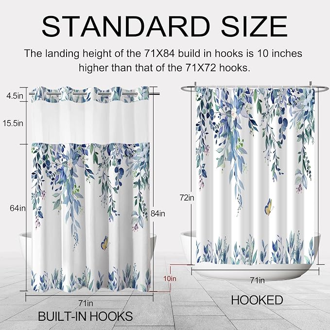 No Hook Shower Curtain and Liner Set, Blue Eucalyptus 71x84 | Floral Design, with Snap in Liner, Waterproof, Machine Washable, Quick-Drying, for Hotel Bathroom