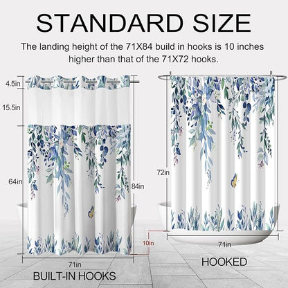 No Hook Shower Curtain and Liner Set, Blue Eucalyptus 71x84 | Floral Design, with Snap in Liner, Waterproof, Machine Washable, Quick-Drying, for Hotel Bathroom