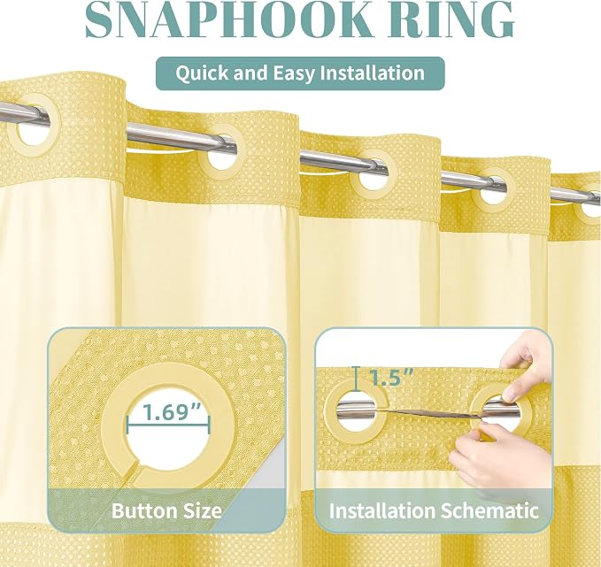 eachope No Hook Waffle Shower Curtain with Snap-in Liner, 71x74 Inch,Yellow | 230 GSM waffle weave fabric, waterproof liner set with 2 bottom magnets, mesh top window, washable, for bathroom or hotel use