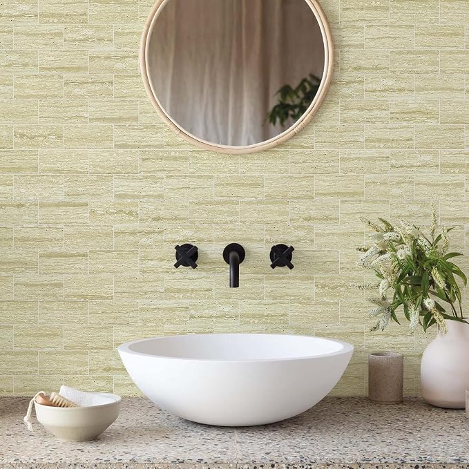 Vamos Tile 100 Pieces Peel and Stick Backsplash Tiles, 3" x 6" PVC Subway Tile, Beige Mix Off White Travertine Stick on Backsplash Tiles for Kitchen/Bathroom/Fireplace/Laundry/Camper
