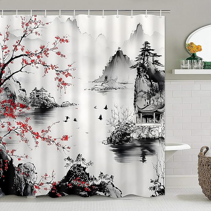 4-Piece Cherry Blossoms Shower Curtain Set Mountain Bathroom Set with Shower Curtain and Rugs, Japanese Style Bath Curtain with Hooks for Home Decor