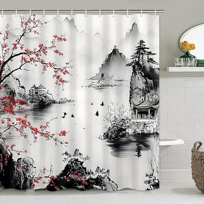 4-Piece Cherry Blossoms Shower Curtain Set Mountain Bathroom Set with Shower Curtain and Rugs, Japanese Style Bath Curtain with Hooks for Home Decor