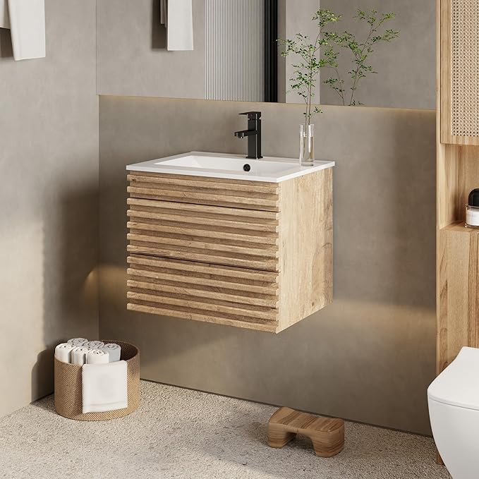 eclife 24" Floating Bathroom Vanity with Sink Combo Mid-Century Wall Mounted Cabinet with Wood Stripes Decor, Drawers, Undermount Single Sink, Faucet, Drain, Light Walnut