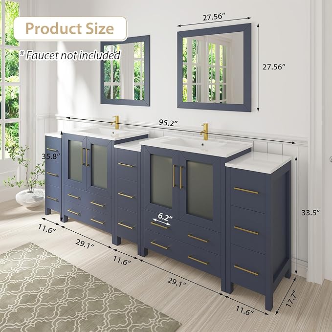 Vanity Art 96 Inch Under Mount Double Sink Bathroom Vanity Cabinet with 2 Mirrors, Ceramic Top Bathroom Cabinet Compact Set with 13 Dovetail Storage Drawers and Gold Finish Handles, VA3030-96B