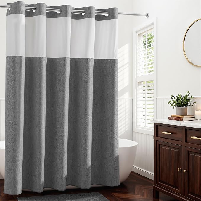 River Dream Linen Textured No Hooks Shower Curtain with Liner,Grey,71x86 | Extra Long,Mesh Top Window,with Snap-in Liner,Heavy Duty Fabric,Quick Dry,Bottom Magnet,Water-Repellent,Washable,Bathroom Set