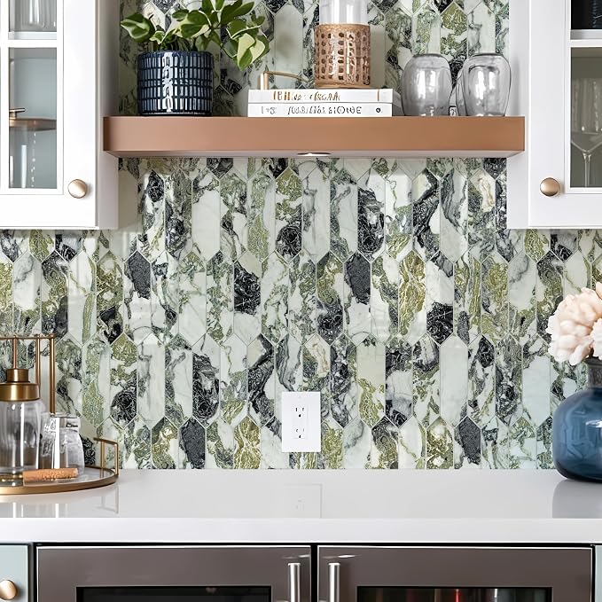Vamos Tile Glossy Ice Green Backsplash Tile Peel and Stick, 12.8 x 12.8 Inch 10 Sheets Long Hexagon PVC Self Adhesive Mosaic Wall Tiles Stick on Backsplash for Kitchen Bathroom and Fireplace