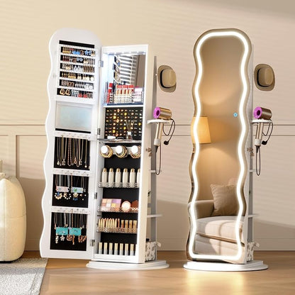 Vlsrka LED Mirror Jewelry Cabinet Standing, 360° Swivel, White | Lockable Jewelry Armoire with Mirror, Interior LED Makeup Mirror, Foldable Shelf, Large Capacity, Gift for Women, Girls
