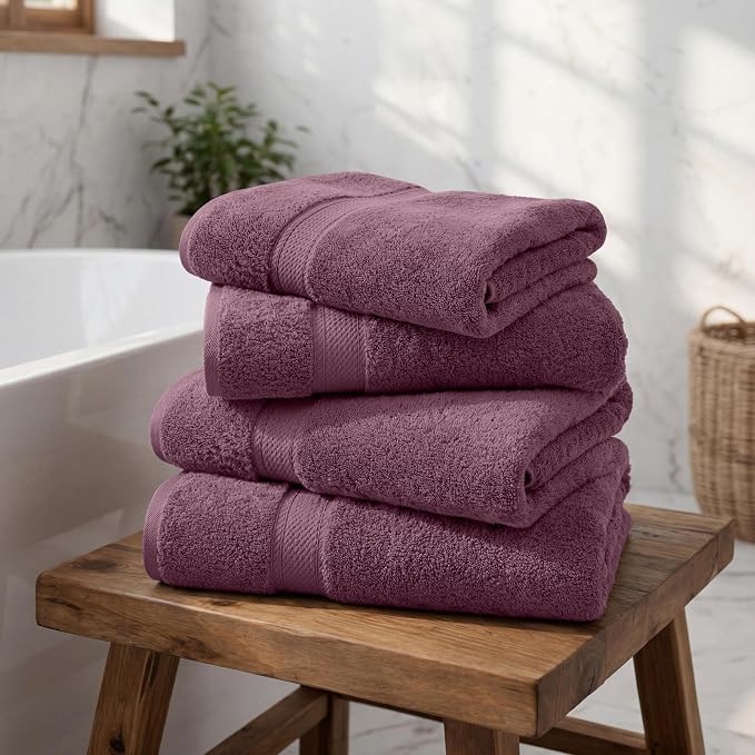 Superior Egyptian Cotton Plush & Absorbent, Bath Towel Set of 4, Plum | Quick Dry, Soft Luxury Towel Set, Bath Essentials for Bathroom, Guest Bath, Spa, 4 Piece Bath, Madeline Towels