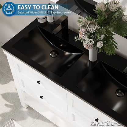 eclife 48" Bathroom Vanity with Sink Combo, Modern Painted Vanities Cabinet with Big Drawers, Opening Bottom Shelf, Raised Foot Pads, Include Undermount Black Sink, Faucet & Drain, White