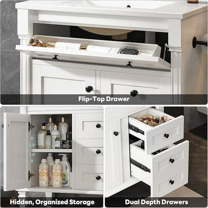 LIKIMIO 30 Inch Bathroom Vanity with Sink, Towel Holder & Adjustable Solid Wood Legs for Uneven Floor, Modern Bathroom Storage Cabinet with Tip-Out Drawer, 2 Drawers & Adjustable Shelf, White