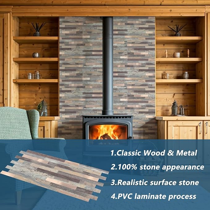 Yipscazo 2 Sheets Peel and Stick Stone Metal Backsplash Tiles, PVC Wall Tiles Stick on Backsplash for Kitchen, Bathroom (6'' X 12'', Rustic Wood)