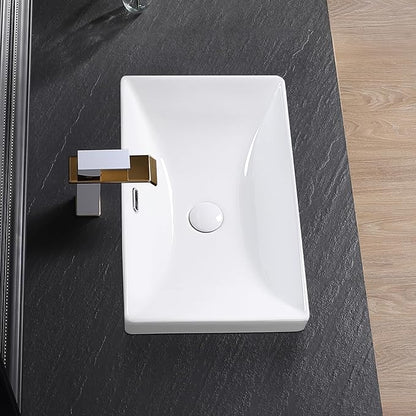Semi Recessed Bathroom Sink 21"x13" Vessel Sink Drop-in White Porcelain Ceramic Modern Rectangular Sinks Basin Vanity Sinks with Overflow for Bathrooms