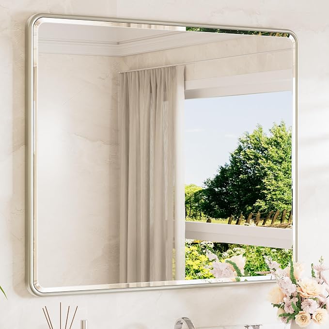 Brushed Nickel Mirrors for Over Sink 42 x 36 Beveled Edge Tempered Glass, Rounded Corner Rectangle Framed Mirror for Modern Bathroom, Living Room, Bedroom, Entryway