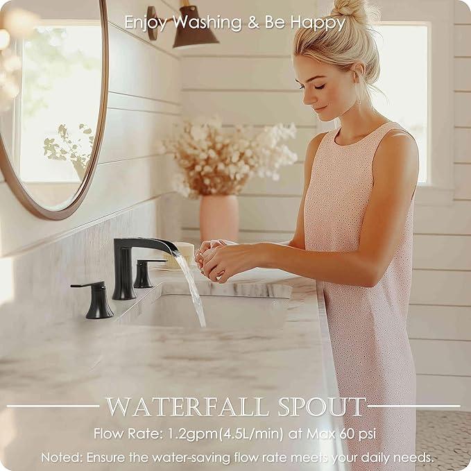 Oil Rubbed Bronze Bathroom Sink Faucet Widespread, 8 Inch Waterfall Faucet Bathroom 3 Hole with Pop-up Drain and cUPC Supply Lines, 2 Handles for Vanity, Restroom, Farmhouse, Brass Material