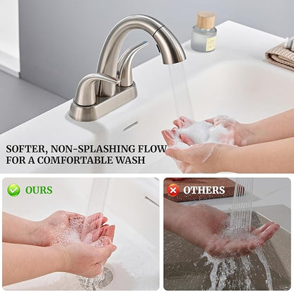 Ultimate Unicorn Brushed Nickel Bathroom Sink Faucet - 4 Inch Centerset Pull Down Vanity Faucets 3 Hole with Pop Up Drain - Two Handle Modern Washbasin Tap Set with Pull Out Sprayer for Rv Restroom