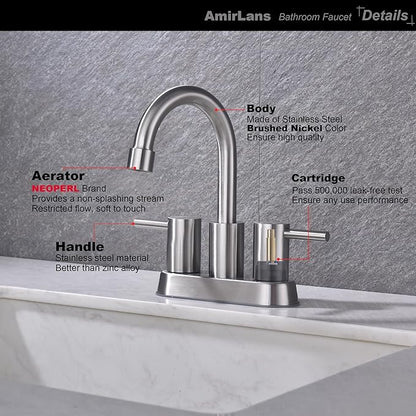 4 Inch 2 Handle 2 or 3 Hole Bathroom Faucet with Pop up Drain and Supply Lines, Brushed Nickel Bathroom Sink Faucet 3 Hole, Stainless Steel Vanity Faucets for Bathroom, Restroom, Rv