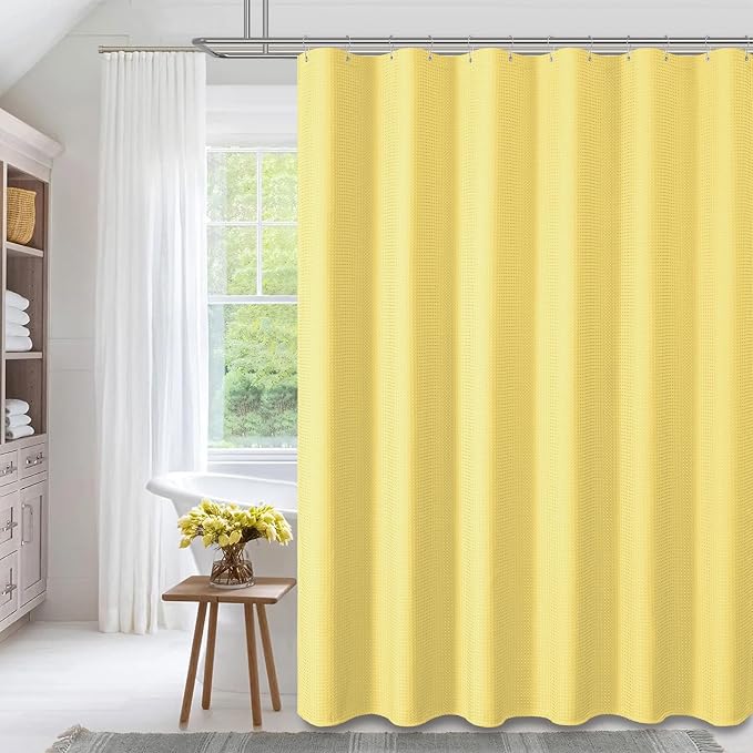 Long Waffle Shower Curtain 256 GSM Heavy Fabric 72x78 Yellow | 78 Inch Long, Thick Cloth, Weighted Hem, Water Repellent, Tall Hotel Luxury Polyester Shower Curtains for Bathroom 12 Hooks