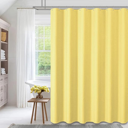 Long Waffle Shower Curtain 256 GSM Heavy Fabric 72x78 Yellow | 78 Inch Long, Thick Cloth, Weighted Hem, Water Repellent, Tall Hotel Luxury Polyester Shower Curtains for Bathroom 12 Hooks