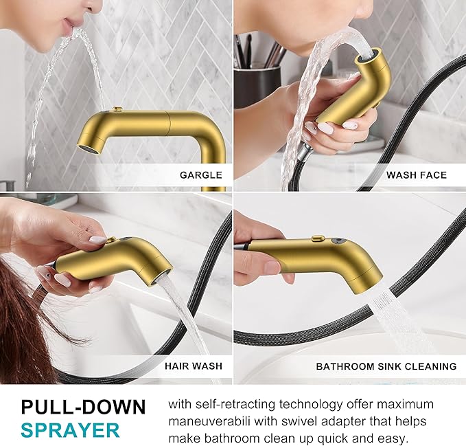 KENES Pull Down Bathroom Faucet with Sprayer, Brushed Gold Single Handle Bathroom Sink Faucet with Pull Out Sprayer, Vanity Bar Faucet with Pop Up Drain & Deck Plate, LJ-9055A-4