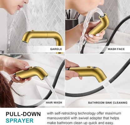 KENES Pull Down Bathroom Faucet with Sprayer, Brushed Gold Single Handle Bathroom Sink Faucet with Pull Out Sprayer, Vanity Bar Faucet with Pop Up Drain & Deck Plate, LJ-9055A-4