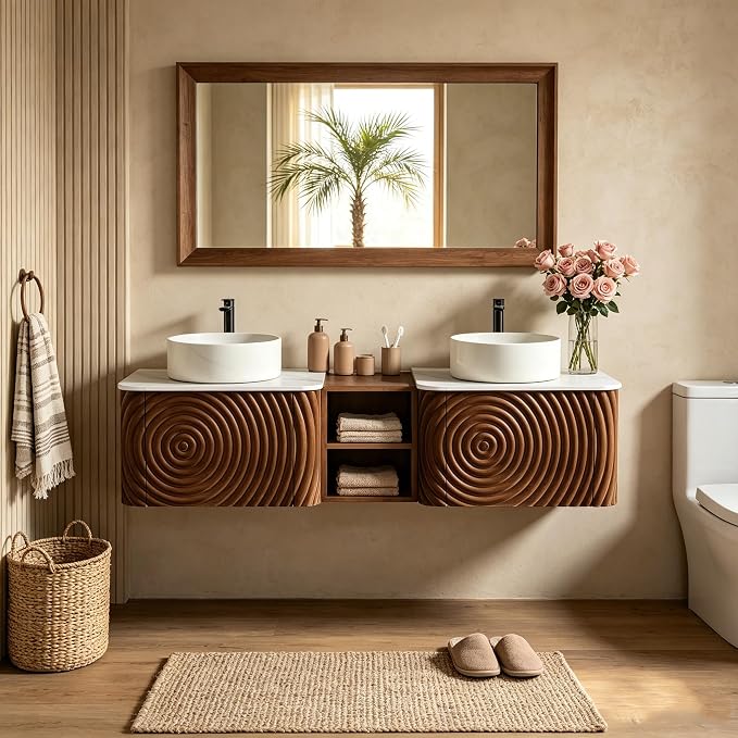 60" Floating Bathroom Vanity with Double Sink, Mid-Century Wall Mounted Bathroom Vanity Cabinet with Wood Waved Decor, Ceramic Vessel Basin, Sintered Stone Top, Soft Close Drawer, Side Open Cube