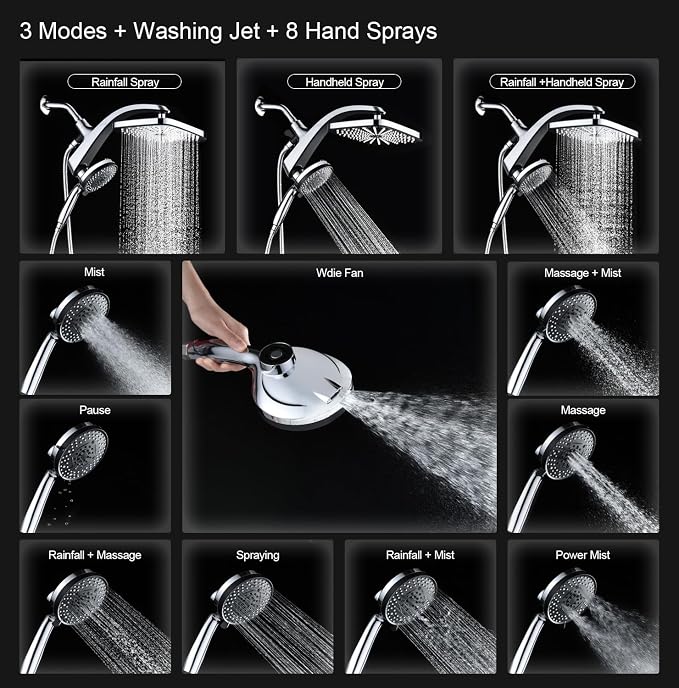 12" High Pressue Rain Shower Head with Handheld, 9 Sprays Hand Showerhead | Shower Heads with Handheld Spray Combo, Dual Head, Built-in Magnetic Docking, Power Jets, 59" Shower Hose, Chrome 1.75GPM