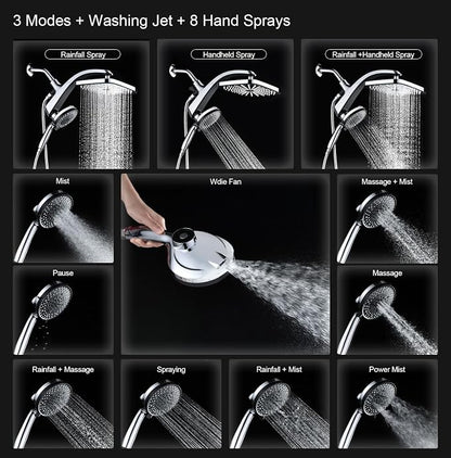 12" High Pressue Rain Shower Head with Handheld, 9 Sprays Hand Showerhead | Shower Heads with Handheld Spray Combo, Dual Head, Built-in Magnetic Docking, Power Jets, 59" Shower Hose, Chrome 1.75GPM