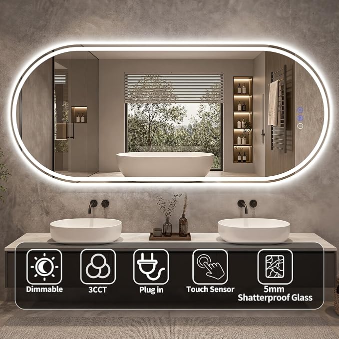 Oval LED Bathroom Mirror, 30"x 71" Led Full Length Mirror | Frameless Large LED Mirror with Front Light & Backlit, Anti-Fog, Dimmable Wall Mounted Lighted Mirror, Smart Bathroom Mirror