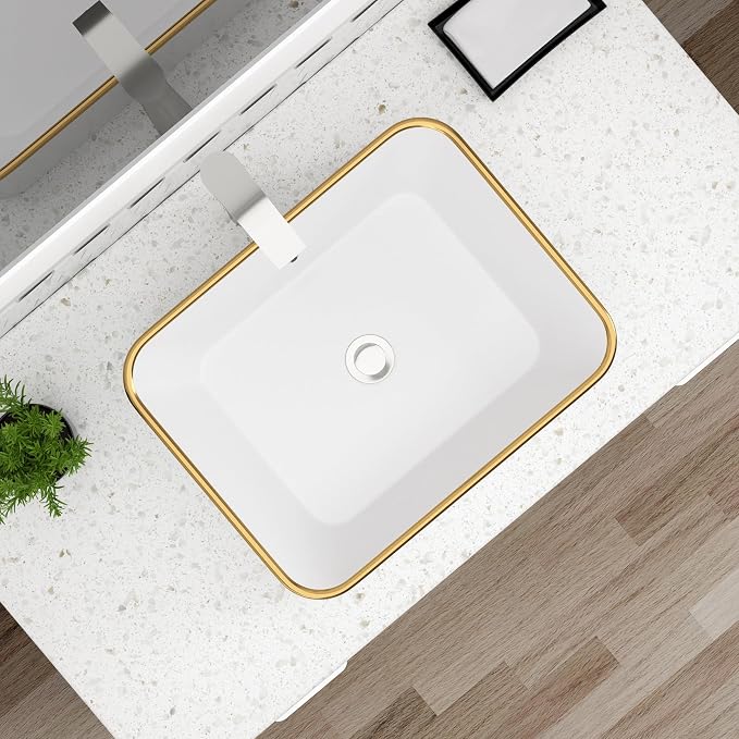 Dcolora Vessel Sink Rectangular 19"x15" White Vessel Sink with Gold Rim Ceramic Porcelain Rectangle Bathroom Sink Above Counter Vanity Sink Basin