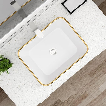Dcolora Vessel Sink Rectangular 19"x15" White Vessel Sink with Gold Rim Ceramic Porcelain Rectangle Bathroom Sink Above Counter Vanity Sink Basin