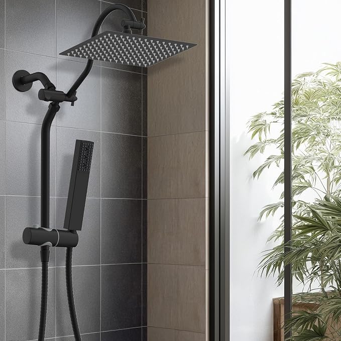 Hibbent 12'' Rainfall Shower Head with 4-mode Handheld Spray, Matte Black | cUPC Certified High Pressure Showerhead Combo, 12'' Adjustable Extension Arm, Extension Bar, Easy Reach Holder, 71'' Hose