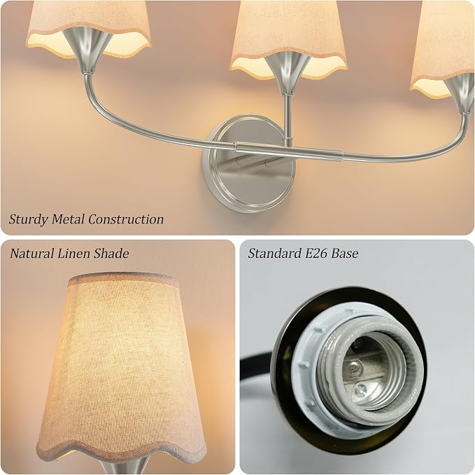 Morauroral Bathroom Light Fixtures Over Mirror, 3 Light Vanity Light for Bathroom, Brushed Nickel Vanity Light Fixtures with Fabric Linen Shade, E26 Socket Sconce Wall Decor(ETL Listed)