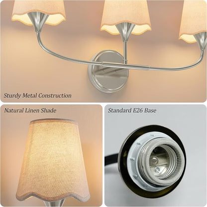 Morauroral Bathroom Light Fixtures Over Mirror, 3 Light Vanity Light for Bathroom, Brushed Nickel Vanity Light Fixtures with Fabric Linen Shade, E26 Socket Sconce Wall Decor(ETL Listed)