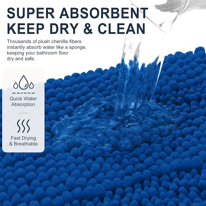 Smiry Thick Chenille Bathroom Rugs 30x20, Soft Bath Mat, Deep Navy Blue | Quick‑Dry & Machine Washable, Non‑Slip Bath Carpet, Striped Bath Rugs for Tub & Shower, Modern Home Decor Accessories