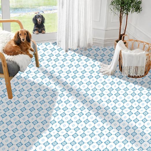 Blue White Floral Geometric Peel and Stick Floor Tiles 12x12 Inch 10PCS | Blue white floral geometric tile pattern vinyl floor stickers for kitchen bathroom entryway and indoor home decor