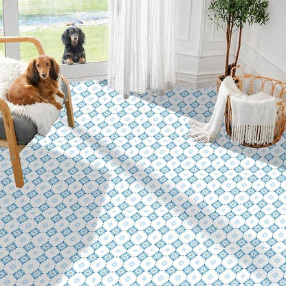 Blue White Floral Geometric Peel and Stick Floor Tiles 12x12 Inch 10PCS | Blue white floral geometric tile pattern vinyl floor stickers for kitchen bathroom entryway and indoor home decor
