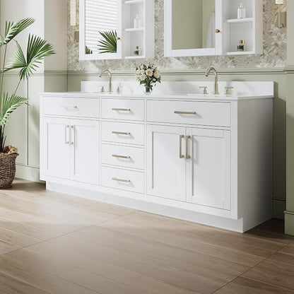 80-Inch Bathroom Vanity with Double Sinks W/ 4 Doors & 4 Drawers & 2 Flip Drawers, White Vanity W/Brushed Nickel Handles