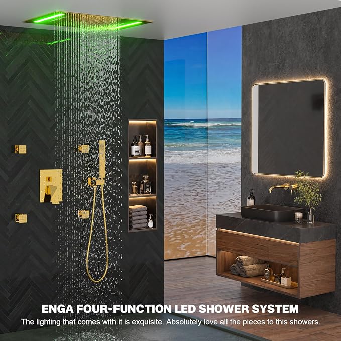 ENGA Bright Gold Shower System with Body Jets, 2 In 1 Functions Ceiling Mount 14x20inch LED Shower Head with 4 Body Jets, Rainfall Waterfall Shower Faucet Set