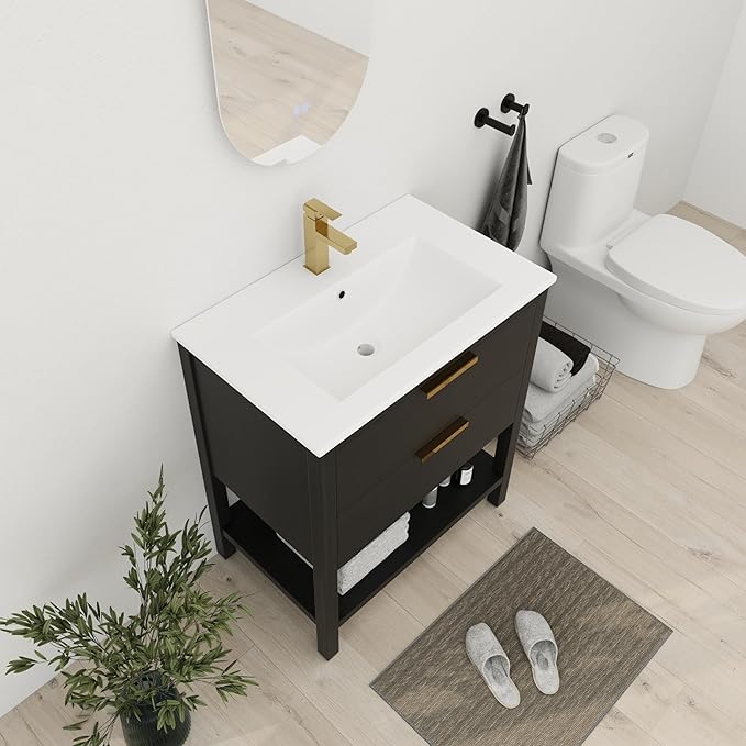 30'' Freestanding Bathroom Vanity, 30 Inch Floor Stand Bathroom Vanity with Sink, Single Ceramic Sink Cabinet Set, Modern Storage Cabinet, with Soft Closing Drawers, Storage Shelf, 01030BCTG