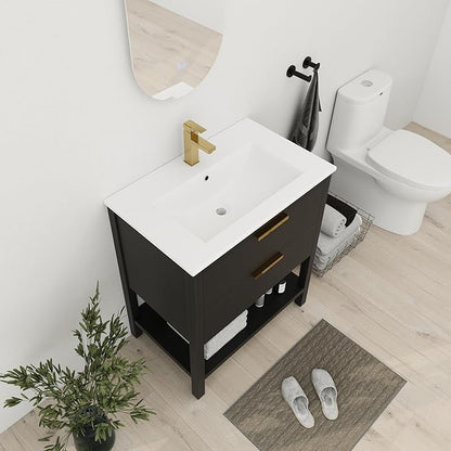 30'' Freestanding Bathroom Vanity, 30 Inch Floor Stand Bathroom Vanity with Sink, Single Ceramic Sink Cabinet Set, Modern Storage Cabinet, with Soft Closing Drawers, Storage Shelf, 01030BCTG
