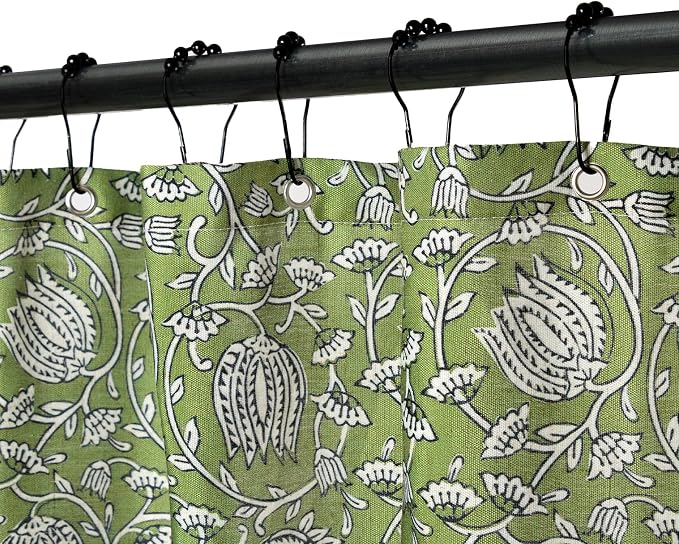 MUGINYU Sage Green Floral Shower Curtain Vintage Block Print - 72x72 Inches,Cotton Blend Cloth Fabric Farmhouse Decorative French Country Bathroom Decor, Cottagecore Aesthetic Pattern