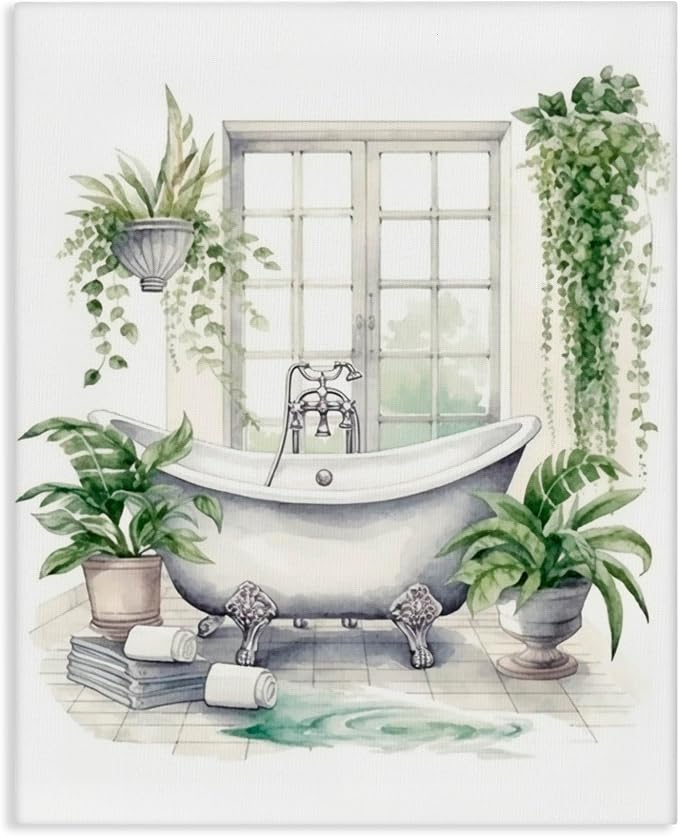 Lush Greenery Bathtub Window, 16 x 20 Inch Canvas Wall Art | Stupell Industries · By Lettered and Lined · Ready to hang · Serene bathroom accent · Made in USA