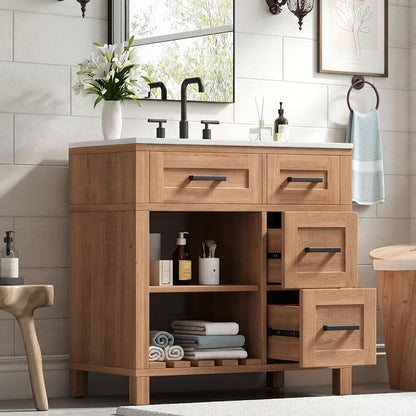 30" Mid-Century Bathroom Vanity with SMC Sink (Natural Wood Style2, 30") | Ample Storage Space with 2 Drawers, Adjustable Shelves & Open Breathable Hollow Shelf, Solid Wood Legs, Matte Black Handles