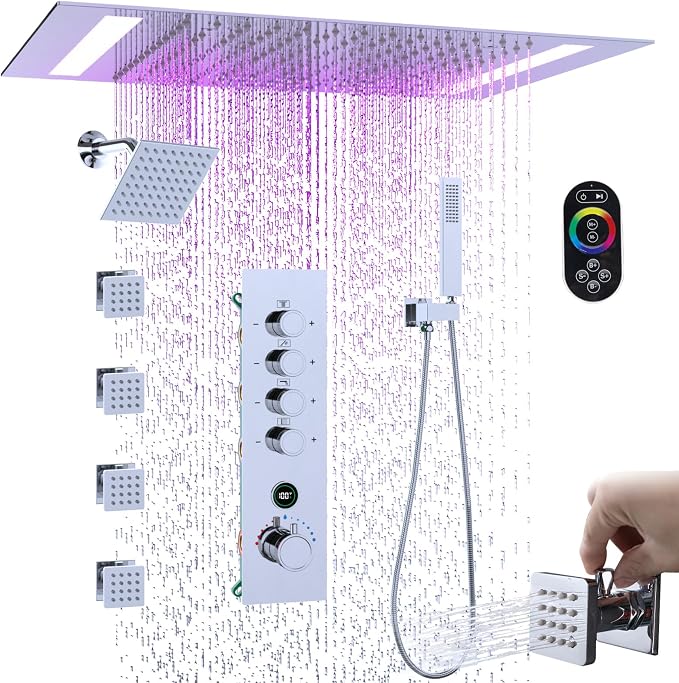 Luxury Thermostatic Digital Dual Heads Shower System Chrome Full Bdoy Spray Shower Faucet Set with 20x14in LED Rainfall Showerhead and 6in Wall Shower, 4 Body Jets with Shut-off, Brass Handheld